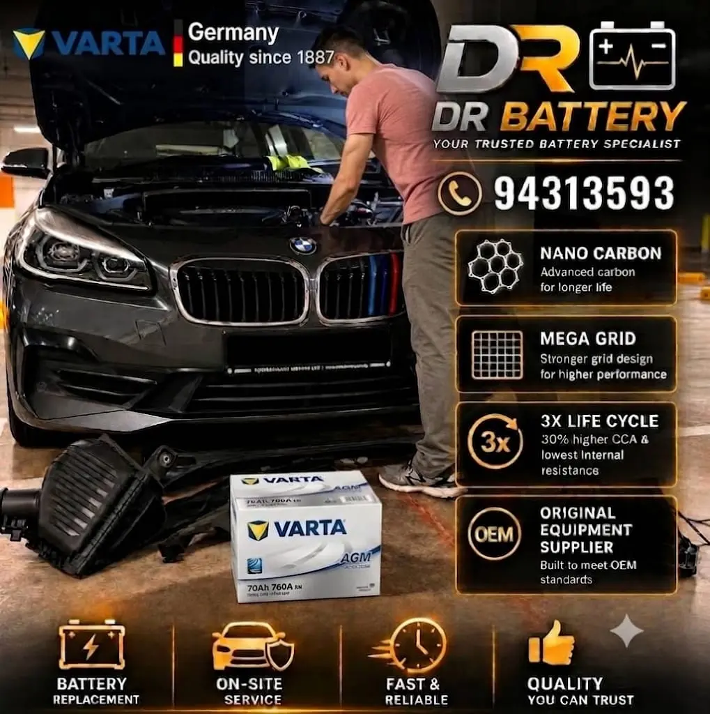DrBattery onsite battery installation poster featuring a technician working on a car and a VARTA battery. Contact 9431 3593.